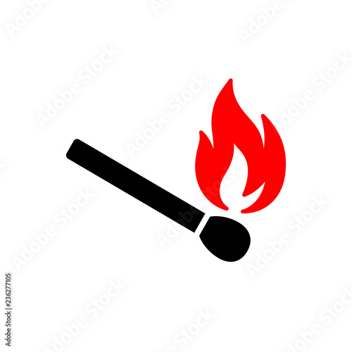 Black isolated icon of matchstick with red fire on white background. Silhouette of match stick with red flame. Flat design.