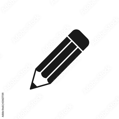 Black isolated icon of pencil on white background. Silhouette of pencil. Flat design.