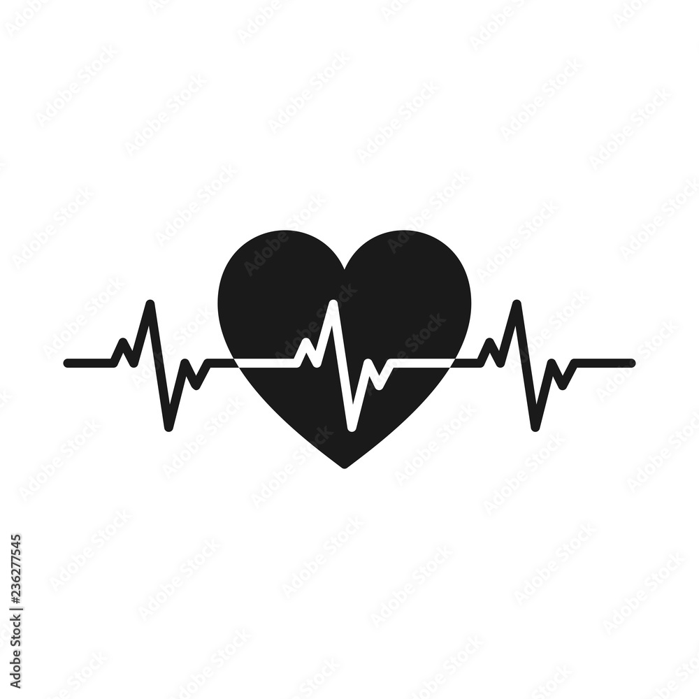 Black isolated icon of heart with pulse line on white background. Silhouette of heart. Flat design. Symbol of healthy lifestyle and love. Black isolated icon of heart with pulse line on white background. Silhouette of heart. Flat design. Symbol of healthy lifestyle and love.