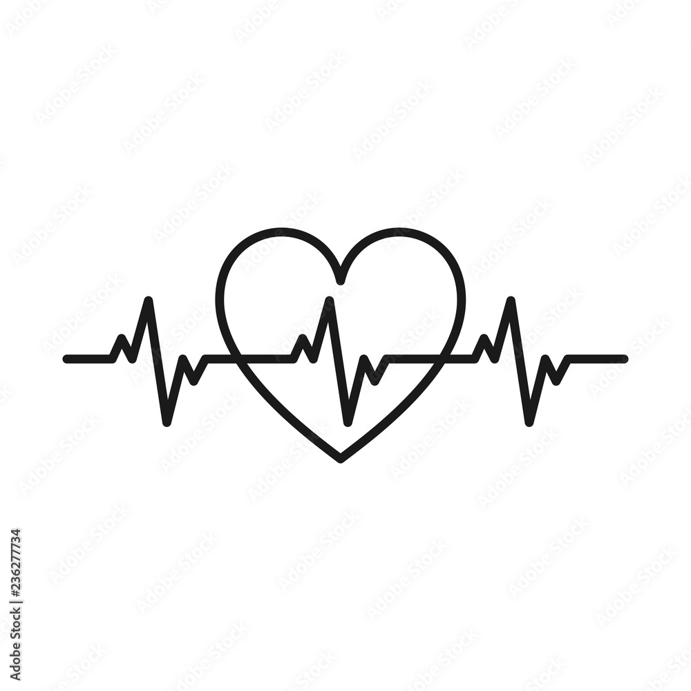 Black isolated line icon of heart with pulse line on white background ...