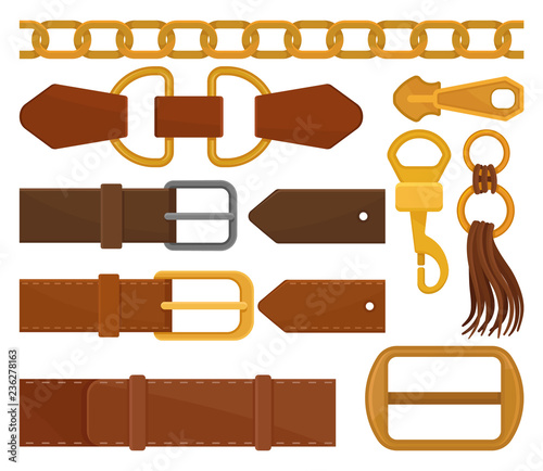 Flat vector set of different belt elements. Trendy leather waistbands, golden chain, zipper pull. Fashion embellishment