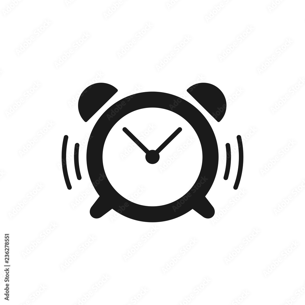 Black isolated icon of ringing alarm clock on white background. Silhouette of alarm clock. Flat