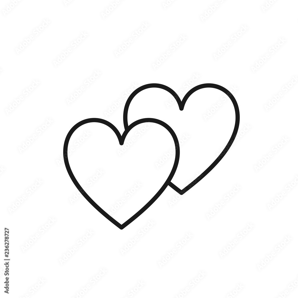 Black isolated outline icon of two hearts on white background. Line Icon of two hearts. Symbol of love.