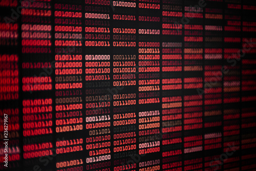 red binary code. data black out some data missing from system. server failure and computer hacker attack. hard disk and harddrive problem. malfunction and danger to use cyber data.