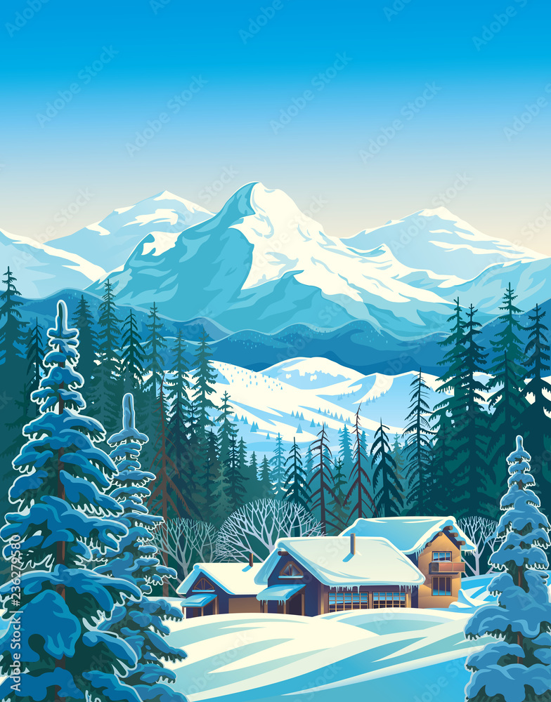 Naklejka premium Winter mountain landscape with fir-trees in the foreground with houses similar to shelters for tourists. Vector illustration.