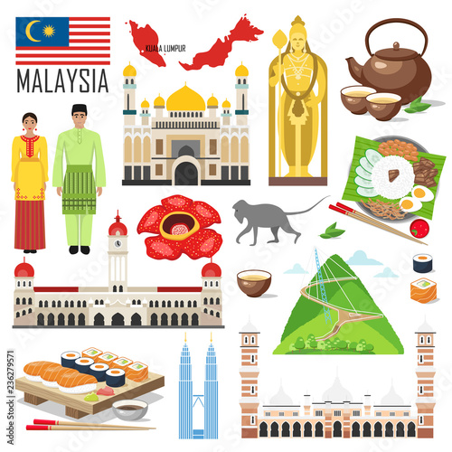 Set with architecture, national flag, costume, map, food and oth