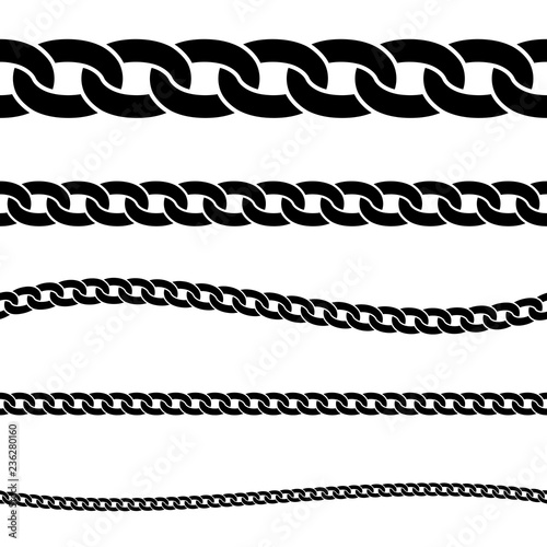Set of black isolated silhouette of chains on white background. Seamless pattern of chain. Decorative border.