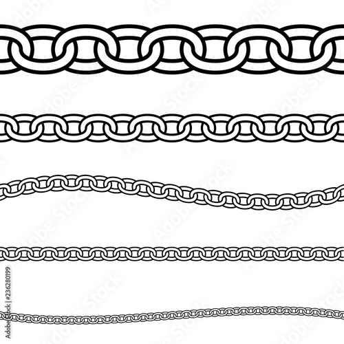Set of black isolated outline chains on white background. Seamless pattern of line chain. Decorative border.