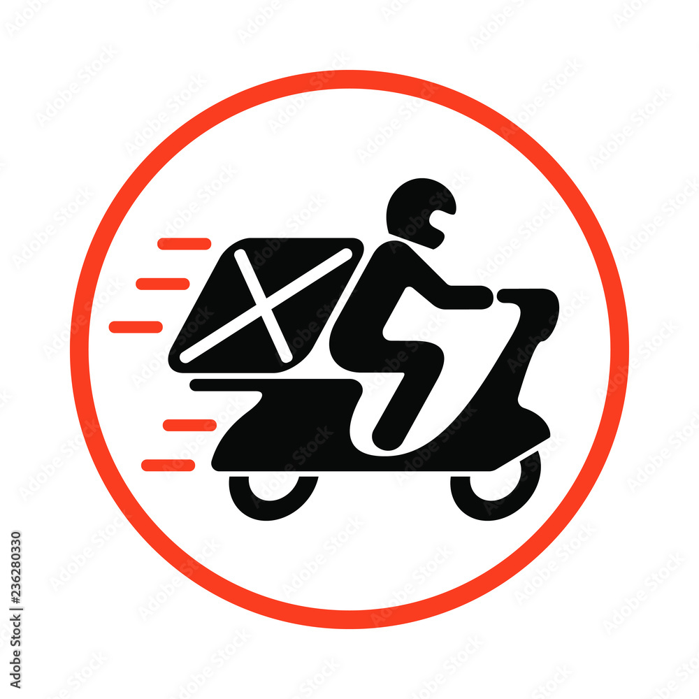 Shipping symbol . Icon fast delivery. Man on motorcycle. Pictogram flat design. Isolated sign on white background. Vector illustration