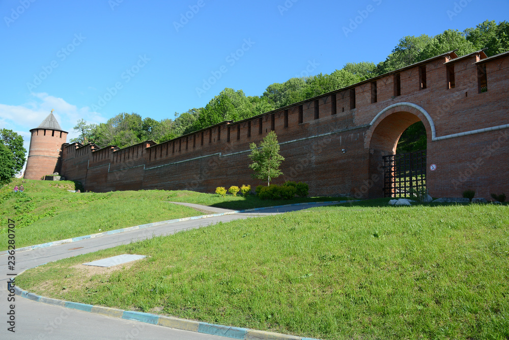 NIZHNY NOVGOROD, RUSSIA - JULY 2, 2018: Nizhny Novgorod Kremlin the main tourist attraction in Nizhny Novgorod city NIZHNY NOVGOROD, RUSSIA - JULY 2, 2018: Nizhny Novgorod Kremlin the main tourist attraction in Nizhny Novgorod city