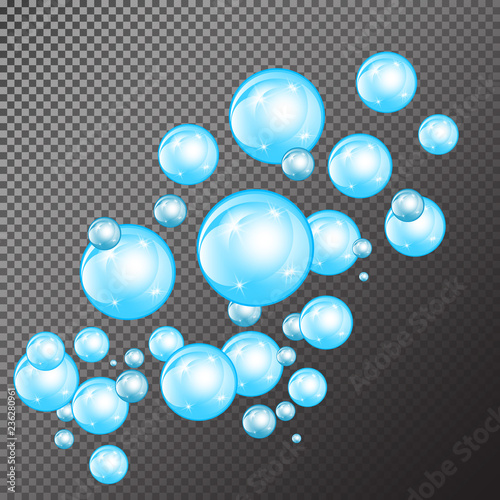Realistic soap bubbles with rainbow reflection set isolated on the black transparent background.