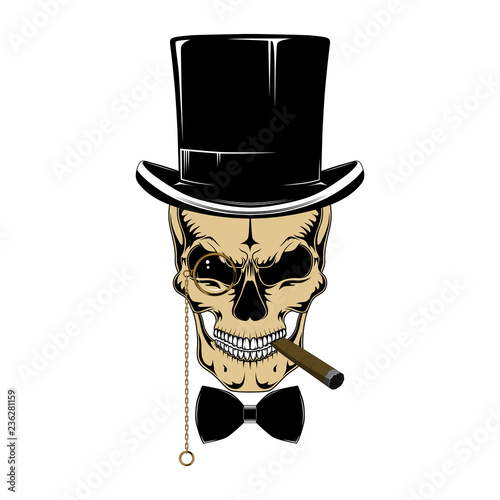 Skull in a hat-cylinder with a cigar.