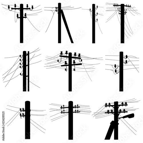 Set of vector silhouettes of power line poles.