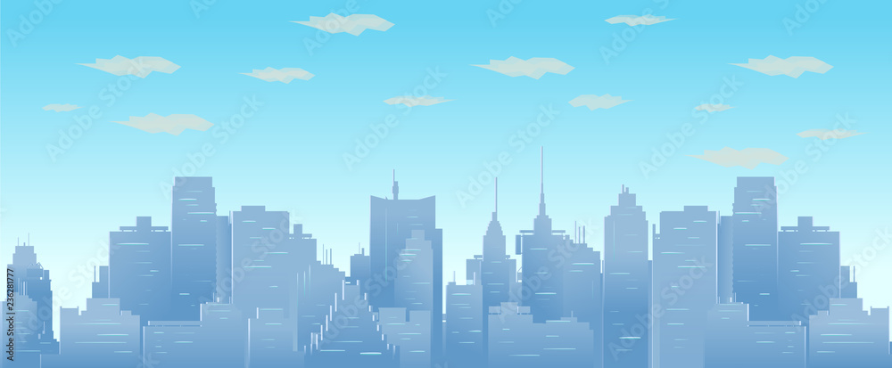 Morning sky and clouds over city silhouette vector seamless cityscape illustration.