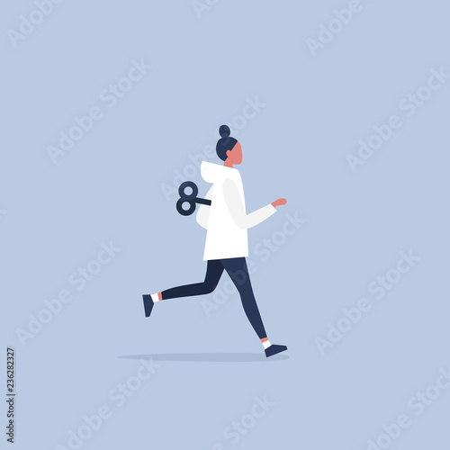 Young active female character running with a clockwork mechanism. Efficiency conceptual illustration. Flat editable vector illustration, clip art