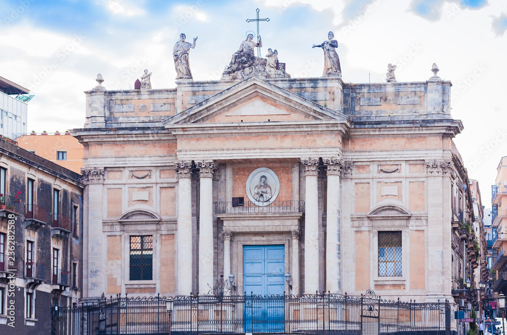 Traditional architecture of Catania, Sicily, facade of old cathedral