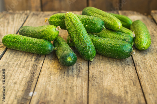 Fresh cucumbers on old wooden table