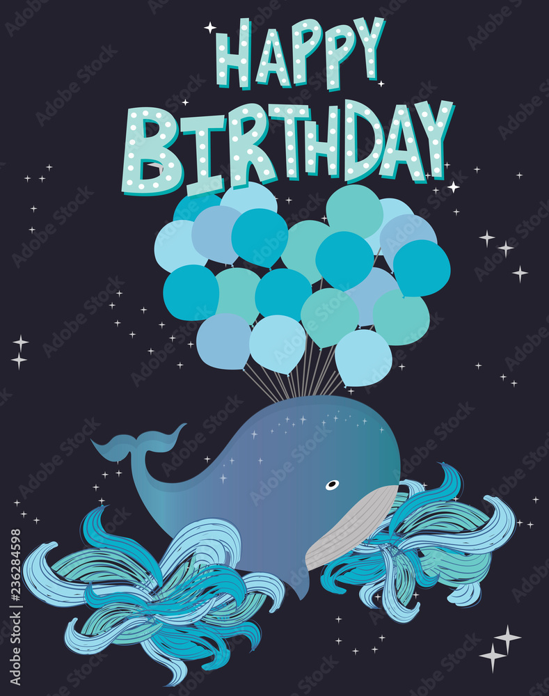 Colorful illustration with underwater life and whale. Ocean life poster, background. Happy birthday card.  Editable vector illustration