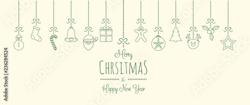 Vintage Christmas card with hanging hand drawn elements. Vector.