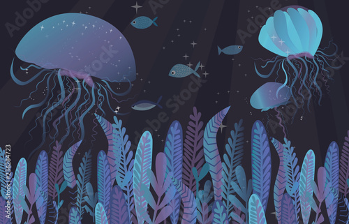 Colorful horizontal banner with underwater illustration. Ocean life poster, background. Editable vector illustration