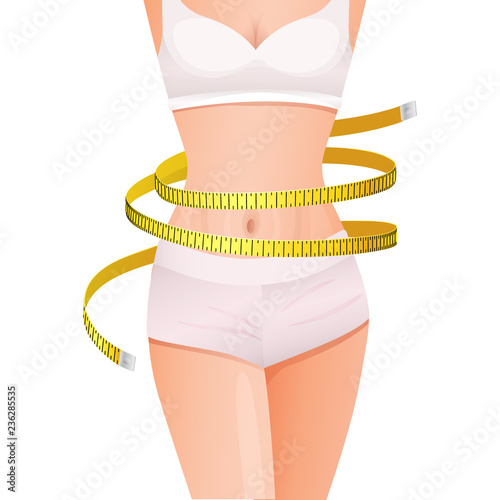 Slender woman body with yellow measure tape at waist, health and body care concept, loss weigh, vector illustration