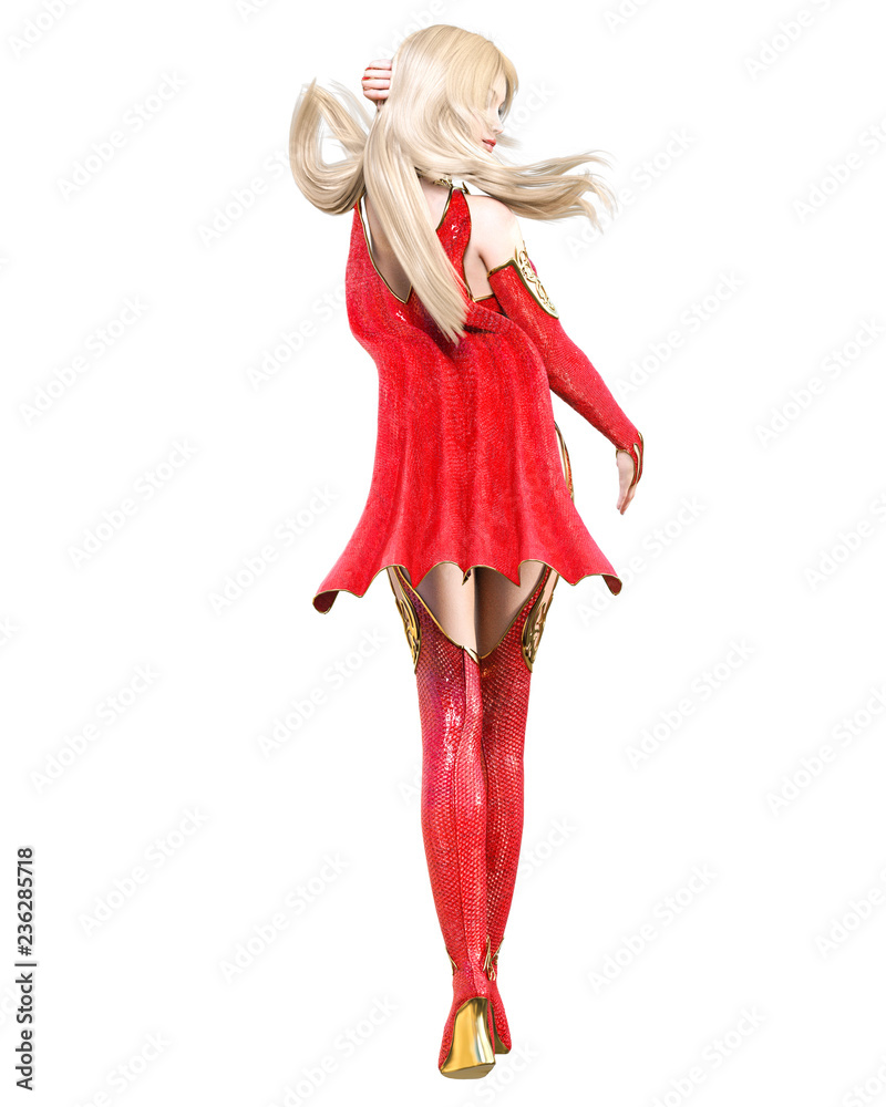 Warrior amazon woman in red raincoat and boots. Long blonde hair. Muscular athletic body. Girl standing candid provocative pose. Conceptual fashion art. Realistic 3D rendering isolate illustration. Warrior amazon woman in red raincoat and boots. Long blonde hair. Muscular athletic body. Girl standing candid provocative pose. Conceptual fashion art. Realistic 3D rendering isolate illustration.