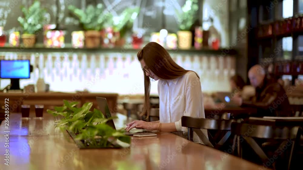 A young girl sits in a cafe and talking on the phone, typing on a laptop, drinking tea. Business girl. A young girl sits in a cafe and talking on the phone, typing on a laptop, drinking tea. Business girl.