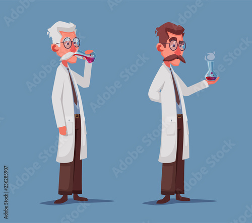 Crazy old scientist is conducting a scientific experiment. Funny character