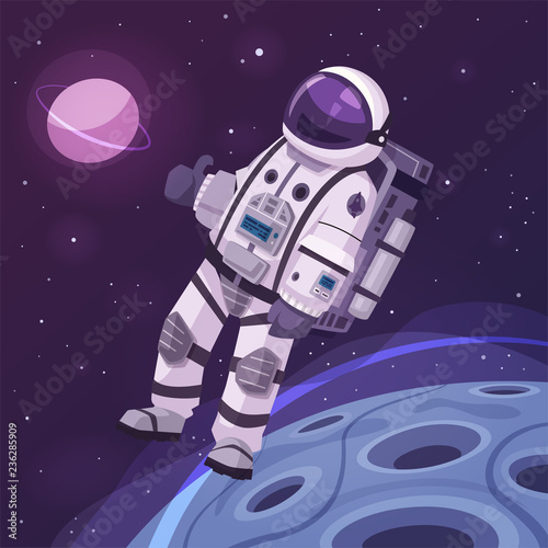 Cosmonaut character in outer space. Cartoon vector illustration