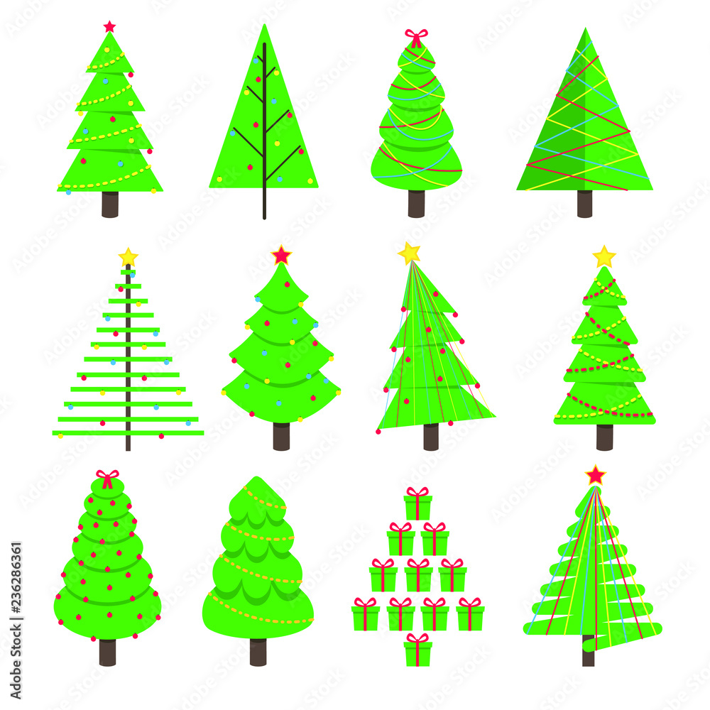 16 Christmas tree fir flat style design icon sign set vector illustration. Symbol of family xmas holiday celebration isolated on white background. Simple shape for holyday. 16 Christmas tree fir flat style design icon sign set vector illustration. Symbol of family xmas holiday celebration isolated on white background. Simple shape for holyday.