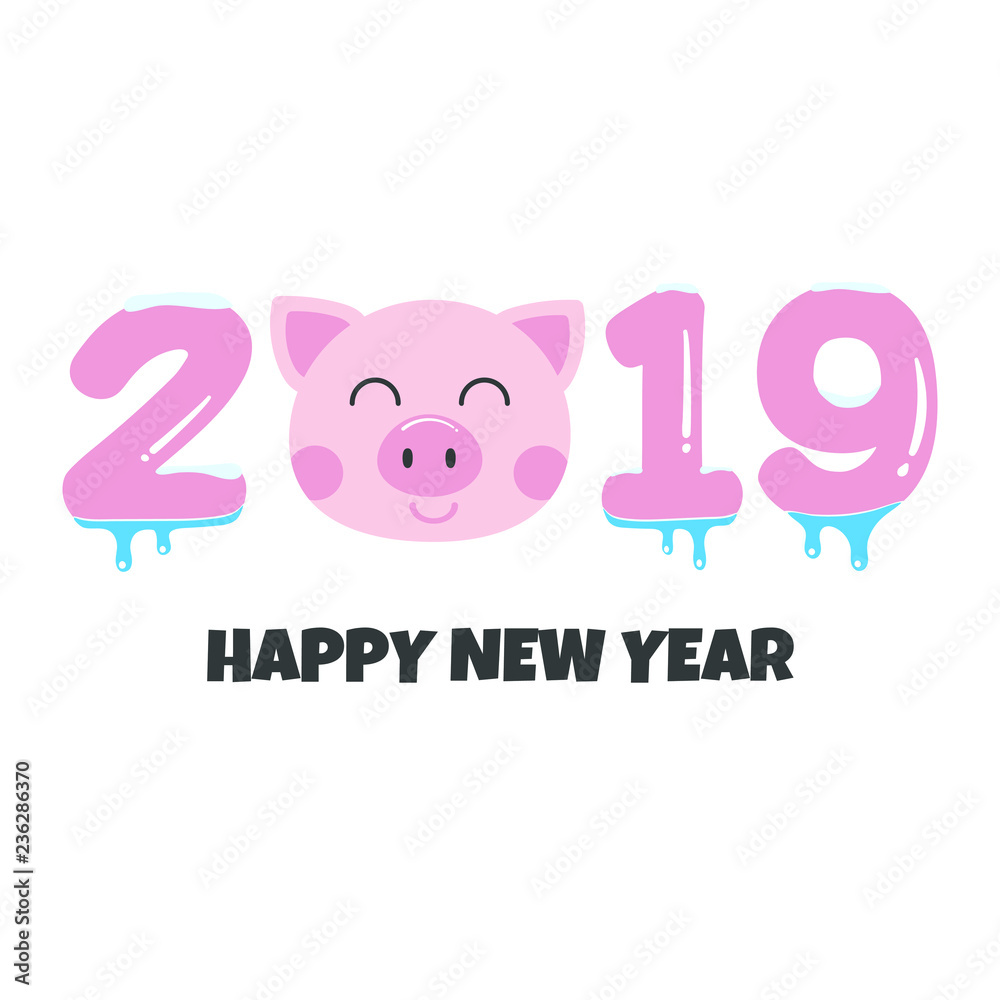2019 Happy New Year funny greeting post card flat style design vector illustration with cartoon pigs face and text isolated on white background. Merry Chrustmas and happy new year! 2019 Happy New Year funny greeting post card flat style design vector illustration with cartoon pigs face and text isolated on white background. Merry Chrustmas and happy new year!