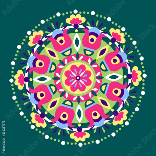 geometric floral ethnic decoration. Fashion mexican, navajo, aztec, native american ornament.  Colored vector design element for frame and border, textile, fabric or paper print. Vector illustration