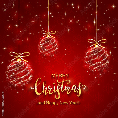 Shining Christmas balls and Text Merry Christmas on Red Background