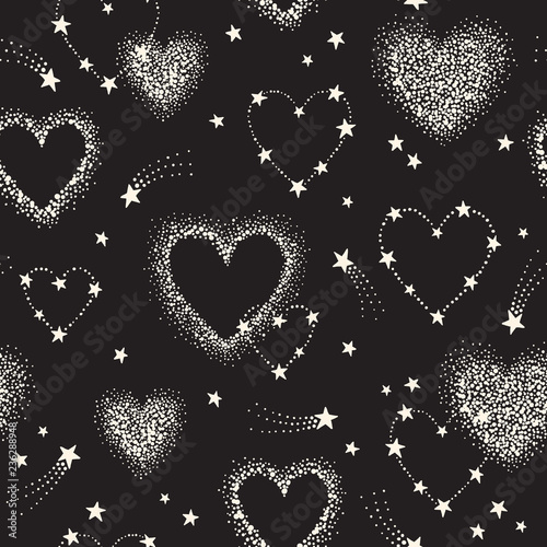Seamless romantic space pattern with heart shape constellations, comets and stars