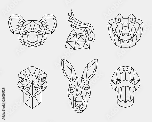 Set of abstract polygonal animals of Australia. Linear geometric Koala, kangaroo, cockatoo, platypus, crocodile, ostrich. Vector illustration.
