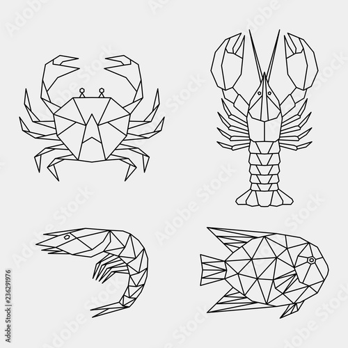 Set of abstract polygon animals. Linear geometric crab, lobster, shrimp, fish. Vector illustration.