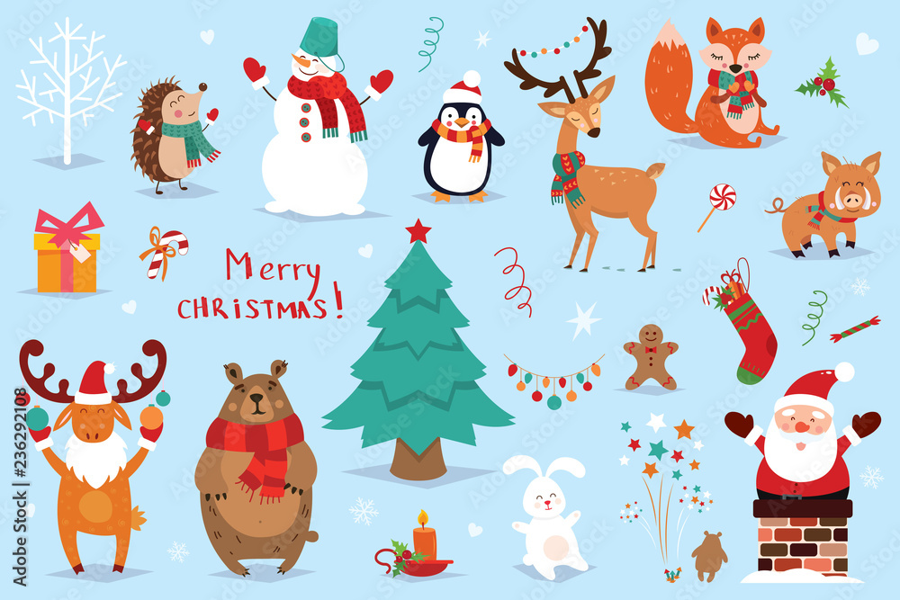 Set of Christmas and New Year elements with animals and Santa. Vector illustration Set of Christmas and New Year elements with animals and Santa. Vector illustration
