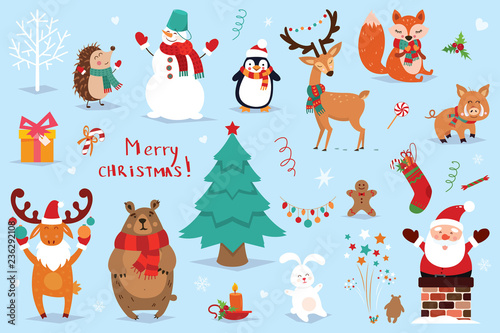 Set of Christmas and New Year elements with animals and Santa. Vector illustration