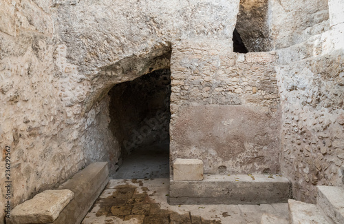 Excavations  of an ancient mikvah in old city of Jerusalem, Israel photo