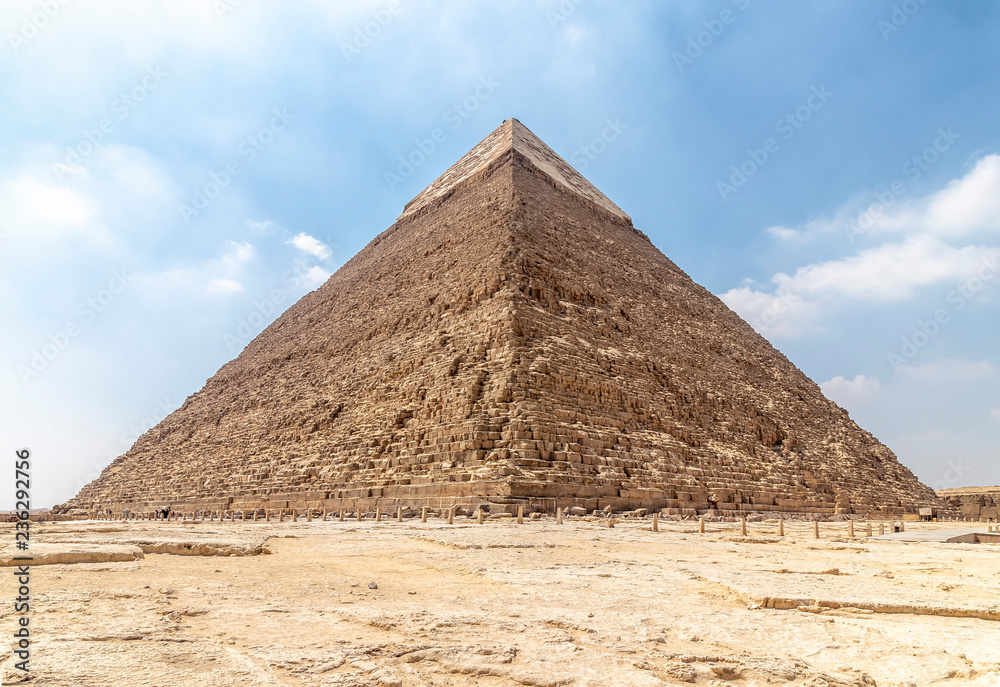 The Pyramid of Khafre or of Chephren, is the second-tallest and second-largest of the Ancient Egyptian Pyramids of Giza and the tomb of the Fourth-Dynasty pharaoh Khafre (Chefren) The Pyramid of Khafre or of Chephren, is the second-tallest and second-largest of the Ancient Egyptian Pyramids of Giza and the tomb of the Fourth-Dynasty pharaoh Khafre (Chefren)