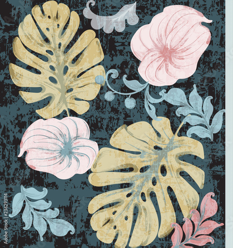 Vintage Tropic leaves watercolor Vector. Exotic pattern background. Grunge te...