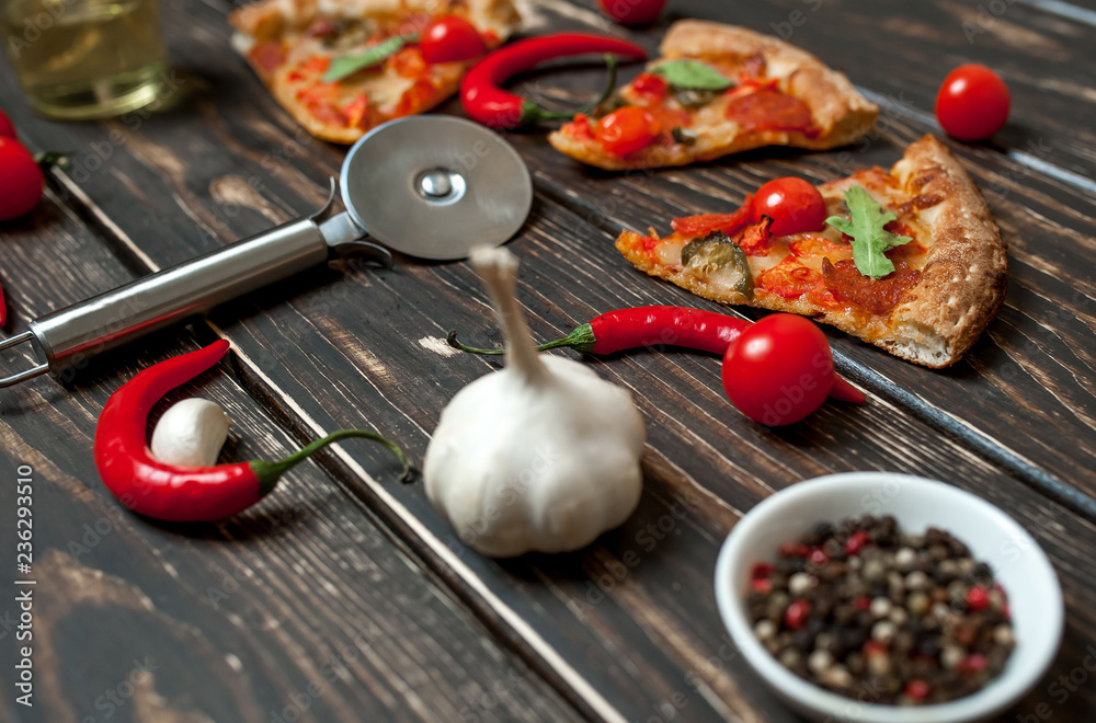 pizza on wood table with ingredients pizza on wood table with ingredients