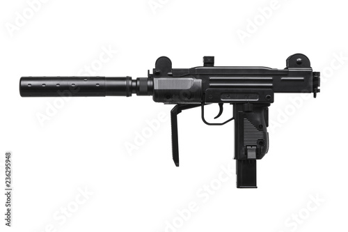 submachine gun with silencer isolated on white photo