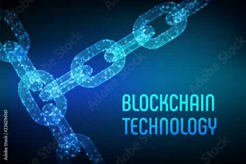 Block chain. Crypto currency. Blockchain concept. 3D wireframe chain with digital blocks. Editable cryptocurrency template. Stock vector illustration.