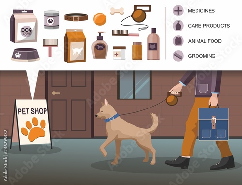Man walking with dog. Pets accessories shop building 