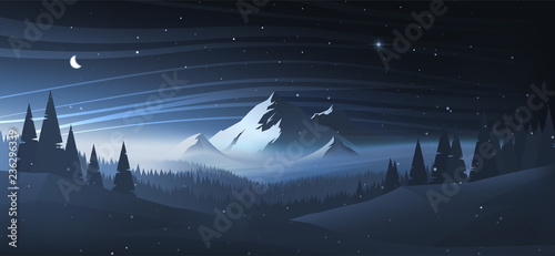 Night mountain winter landscape. Vector illustration