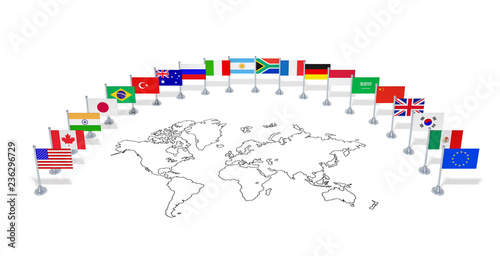 G20 summit  economic political concept . Flags of twenty member countries with world map. Group of national flags as partners of international meeting. 3d illustration