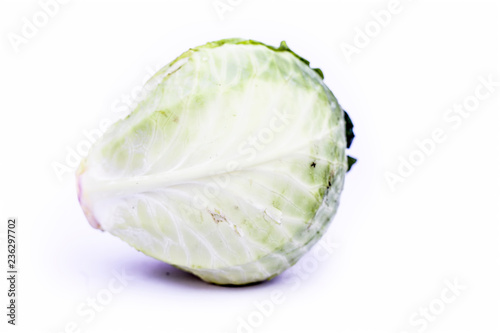 Close up of fresh organic cabbage or gobi or patta gobi or Brassica oleracea var. capitata isolated on white.