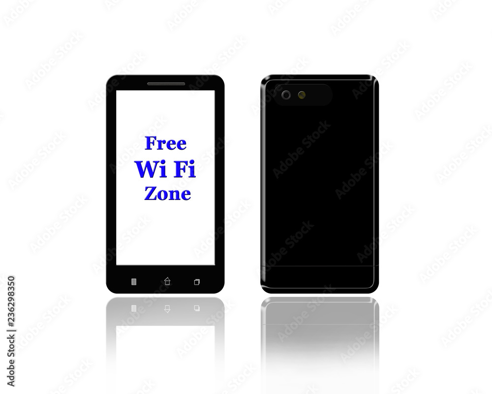 Phone with inscription about free Wi-Fi. Front and back sides of smartphone Phone with inscription about free Wi-Fi. Front and back sides of smartphone
