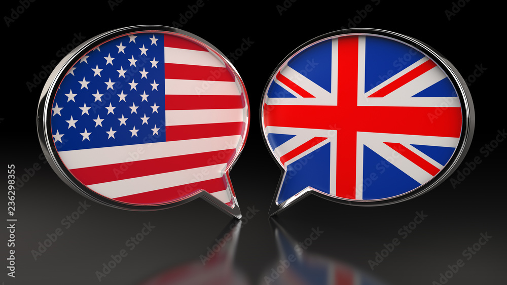 USA and United Kingdom flags with Speech Bubbles. 3D illustration